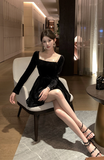 Elegant Black Velvet Dress with Pearl - Embellished Square Neck
