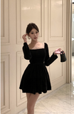 Elegant Black Velvet Dress with Pearl - Embellished Square Neck