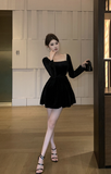 Elegant Black Velvet Dress with Pearl - Embellished Square Neck