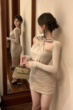 Elegant Long - sleeved Mini Dress in Taupe with Decorative Neckline