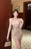Elegant Long - sleeved Mini Dress in Taupe with Decorative Neckline