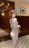 Elegant Long - sleeved Mini Dress in Taupe with Decorative Neckline