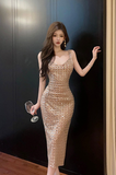 Stylish Sleeveless Bodycon Dress with Shiny Grid Detailing