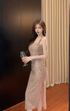 Stylish Sleeveless Bodycon Dress with Shiny Grid Detailing