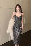 Stylish Sleeveless Bodycon Dress with Shiny Grid Detailing