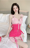 Stylish Sling Denim Dress with Pink Gradient and Buckle Accents