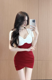 Stylish Color - Block Bodycon Dress with Ruched Detail