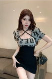 Stylish Bodycon Mini Dress with Letter Print and Halter Design