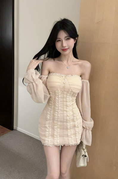 Elegant Off - Shoulder Mini Dress with Ruffled Corset Detail