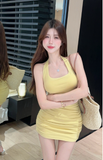Stylish Halter Neck Mini Dress in Sunny Yellow with Ruched Details