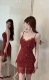 Delicate Sling Mini Dress with Floral Embroidery and Lace Hem