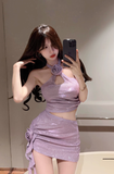 Sparkling Lilac Halter Crop Top and Ruched Skirt Set