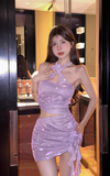 Sparkling Lilac Halter Crop Top and Ruched Skirt Set