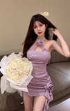 Sparkling Lilac Halter Crop Top and Ruched Skirt Set