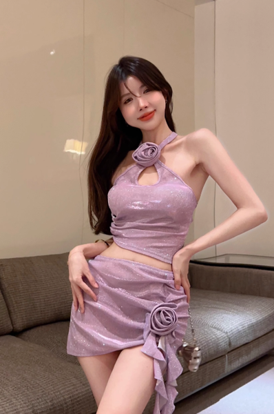 Sparkling Lilac Halter Crop Top and Ruched Skirt Set