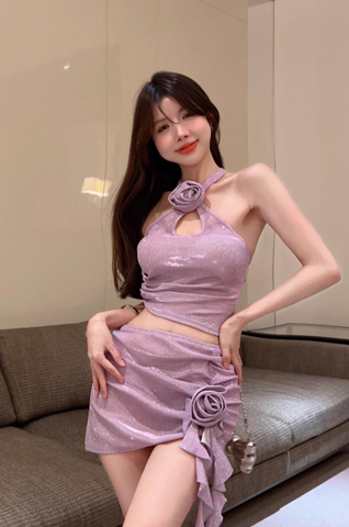 Sparkling Lilac Halter Crop Top and Ruched Skirt Set