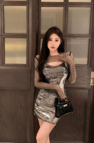 Glamorous Metallic Mini Dress with Mesh Sleeves and Cut - out Detail