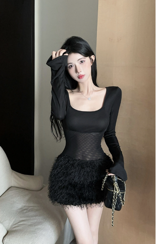 Stylish Long - sleeved Dress with Mesh Panel and Feather Hem