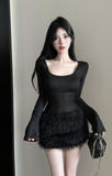 Stylish Long - sleeved Dress with Mesh Panel and Feather Hem