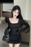 Stylish Long - sleeved Dress with Mesh Panel and Feather Hem