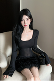 Stylish Long - sleeved Dress with Mesh Panel and Feather Hem