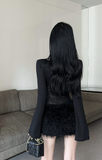 Stylish Long - sleeved Dress with Mesh Panel and Feather Hem