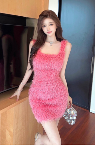 Stylish Sleeveless Mini Dress in Fluffy Pink Fabric
