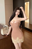 Elegant Sling Bodycon Dress with Corset - style Top and Lace Hem