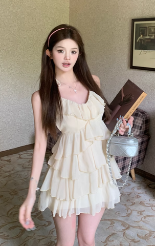 Charming Sleeveless Ruffled Mini Dress in Creamy Hue