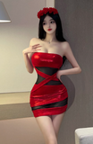 Glamorous Strapless Mini Dress in Shiny Red with Mesh Inserts