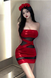 Glamorous Strapless Mini Dress in Shiny Red with Mesh Inserts