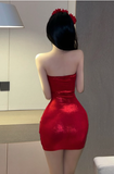 Glamorous Strapless Mini Dress in Shiny Red with Mesh Inserts