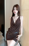 Stylish Deep V - Neck Sling Dress in Rich Brown with Belt Detail