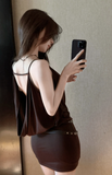 Stylish Deep V - Neck Sling Dress in Rich Brown with Belt Detail
