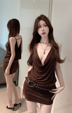 Stylish Deep V - Neck Sling Dress in Rich Brown with Belt Detail