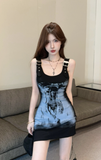 Trendy Sleeveless Dress with Buckle Straps and Graphic Print