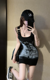 Trendy Sleeveless Dress with Buckle Straps and Graphic Print