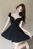 Charming Short Dress in Black with Ruched Bust and Flared Skirt