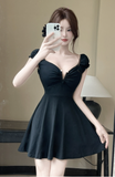 Charming Short Dress in Black with Ruched Bust and Flared Skirt
