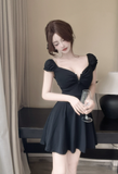 Charming Short Dress in Black with Ruched Bust and Flared Skirt
