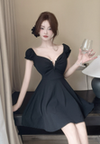 Charming Short Dress in Black with Ruched Bust and Flared Skirt
