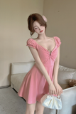 Charming Short Dress in Black with Ruched Bust and Flared Skirt
