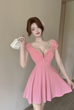 Charming Short Dress in Black with Ruched Bust and Flared Skirt