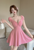 Charming Short Dress in Black with Ruched Bust and Flared Skirt