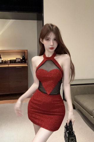 Stylish Red Bodycon Dress with Mesh Panel and Heart Accent