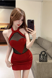 Stylish Red Bodycon Dress with Mesh Panel and Heart Accent