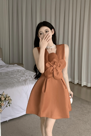 Charming Sleeveless Dress in Rust Color with Large Bow Detail