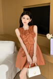 Charming Sleeveless Dress in Rust Color with Large Bow Detail
