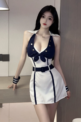 Stylish Nautical - inspired Halter Mini Dress with Bow Detail