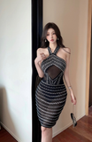 Glamorous Halter Midi Dress with Mesh Panel and Sequin Detailing